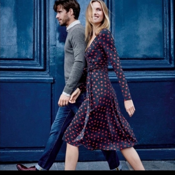 Boden Navy And Red Jersey Knit Long Sleeve Faux Wrap Silvia Scoop Neck Dress - Picture 1 of 7